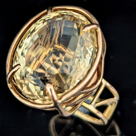 Vintage 28 Carat Fancy Cut Citrine 14k Yellow Gold Cocktail Ring Estate Gift 