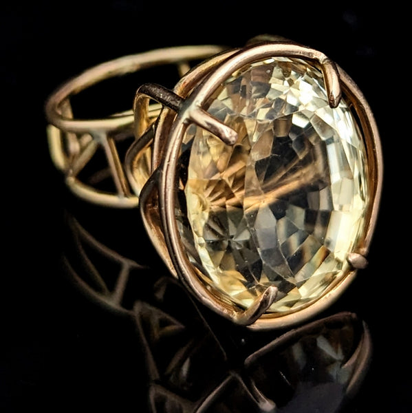 Vintage 28 Carat Fancy Cut Citrine 14k Yellow Gold Cocktail Ring Estate Gift 