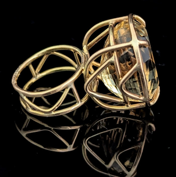 Vintage 28 Carat Fancy Cut Citrine 14k Yellow Gold Cocktail Ring Estate Gift 