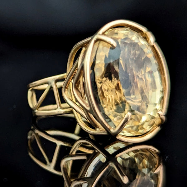 Vintage 28 Carat Fancy Cut Citrine 14k Yellow Gold Cocktail Ring Estate Gift 