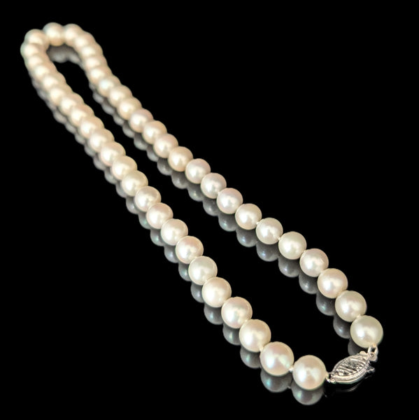 Vintage Pearl Necklace 14k White Gold Filigree Clasp 6.5mm Choker Length 15.5"