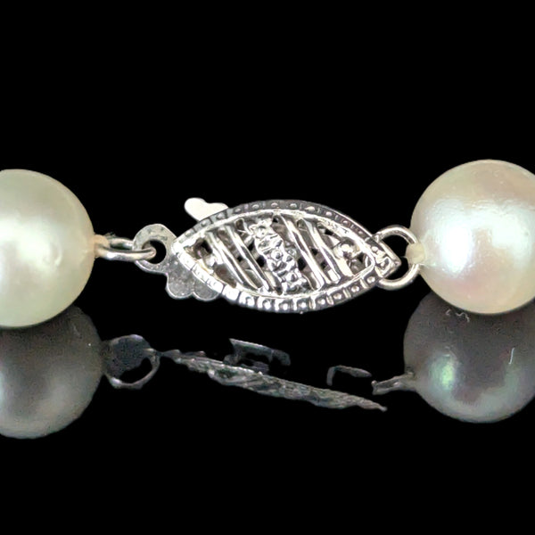 Vintage Pearl Necklace 14k White Gold Filigree Clasp 6.5mm Choker Length 15.5"