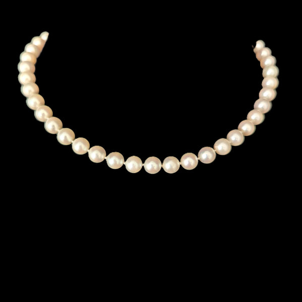 Vintage Pearl Necklace 14k White Gold Filigree Clasp 6.5mm Choker Length 15.5"