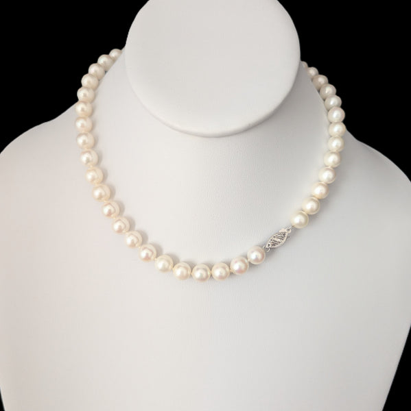Vintage Pearl Necklace 14k White Gold Filigree Clasp 6.5mm Choker Length 15.5"