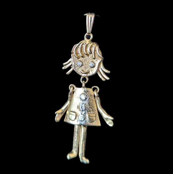 Vintage ARTICULATED Girl Pendant Diamonds 14k Yellow Gold Retro Estate 1960-70s