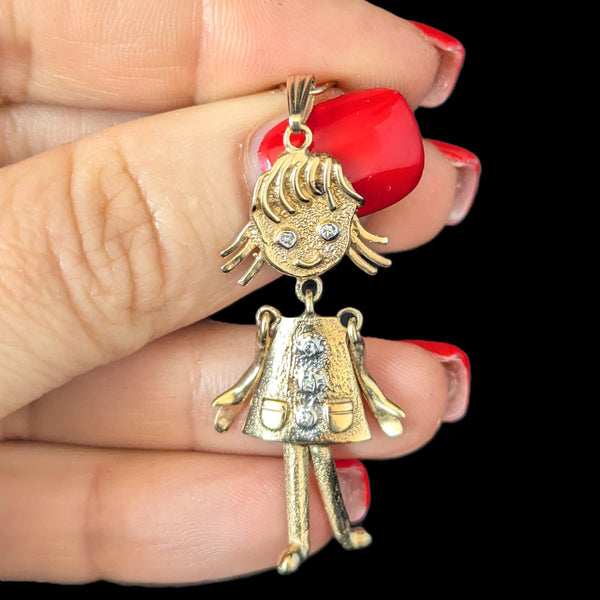 Vintage ARTICULATED Girl Pendant Diamonds 14k Yellow Gold Retro Estate 1960-70s