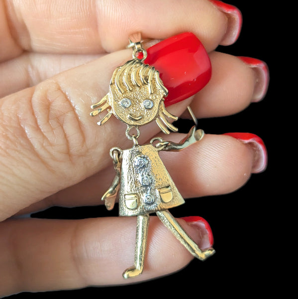 Vintage ARTICULATED Girl Pendant Diamonds 14k Yellow Gold Retro Estate 1960-70s