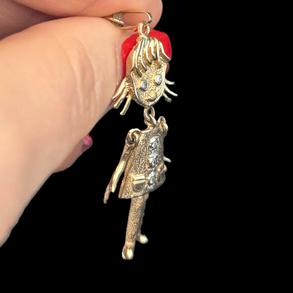 Vintage ARTICULATED Girl Pendant Diamonds 14k Yellow Gold Retro Estate 1960-70s