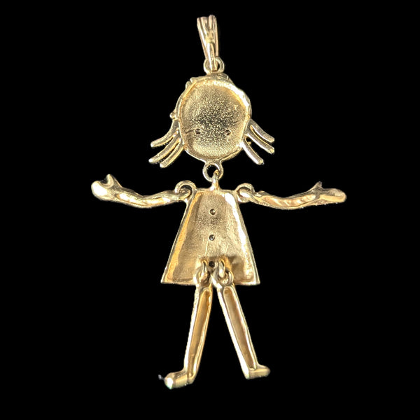 Vintage ARTICULATED Girl Pendant Diamonds 14k Yellow Gold Retro Estate 1960-70s