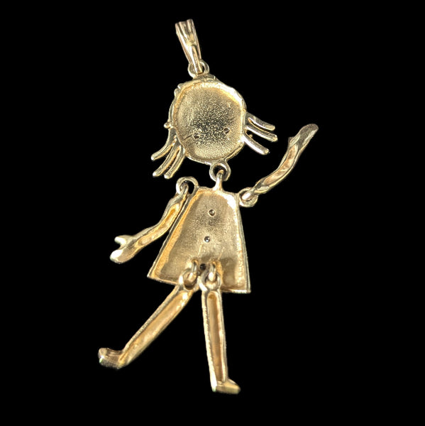 Vintage ARTICULATED Girl Pendant Diamonds 14k Yellow Gold Retro Estate 1960-70s