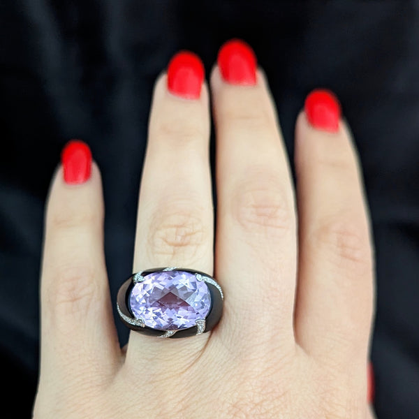 Vintage Amethyst Diamond Onyx 14k Yellow Gold Dome Cocktail Ring Estate Gift