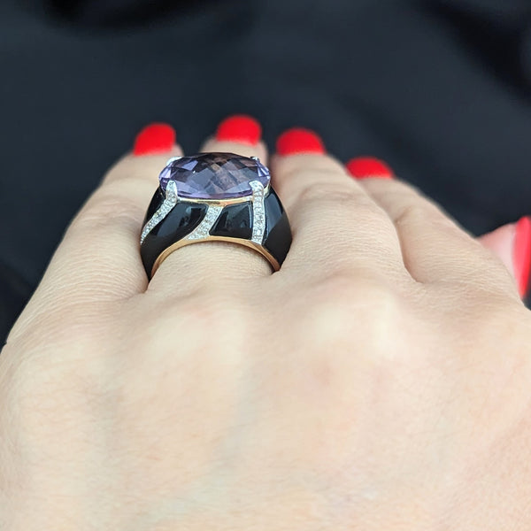 Vintage Amethyst Diamond Onyx 14k Yellow Gold Dome Cocktail Ring Estate Gift