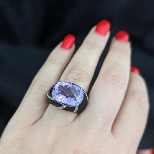 Vintage Amethyst Diamond Onyx 14k Yellow Gold Dome Cocktail Ring Estate Gift