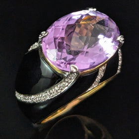 Vintage Amethyst Diamond Onyx 14k Yellow Gold Dome Cocktail Ring Estate Gift