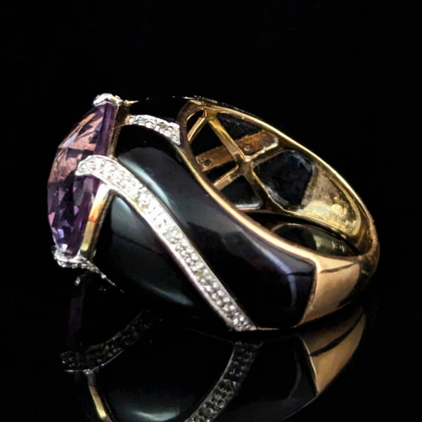 Vintage Amethyst Diamond Onyx 14k Yellow Gold Dome Cocktail Ring Estate Gift