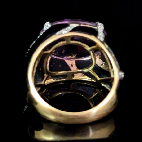 Vintage Amethyst Diamond Onyx 14k Yellow Gold Dome Cocktail Ring Estate Gift