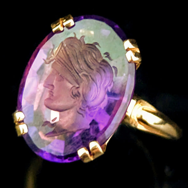 Vintage Amethyst Intaglio 14k Yellow Gold Statement Ring Cameo Grecian Man Gift