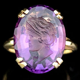Vintage Amethyst Intaglio 14k Yellow Gold Statement Ring Cameo Grecian Man Gift