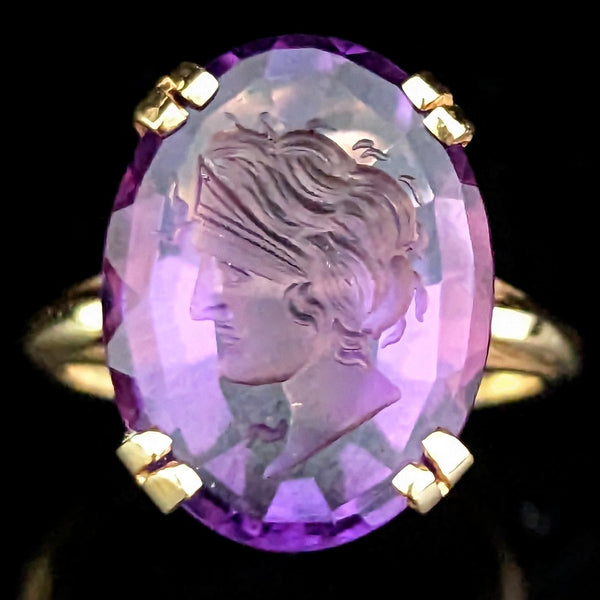 Vintage Amethyst Intaglio 14k Yellow Gold Statement Ring Cameo Grecian Man Gift
