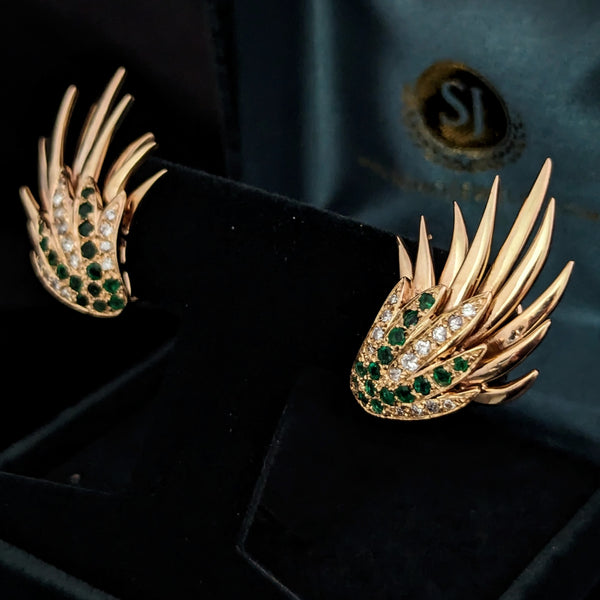 The Ridgeland - Vintage Diamond Emerald 14k Yellow Gold Angel Wing Large Earrings