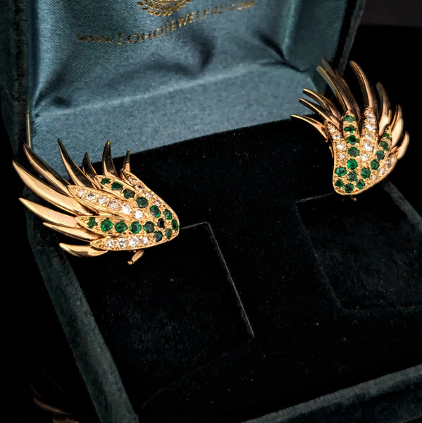 The Ridgeland - Vintage Diamond Emerald 14k Yellow Gold Angel Wing Large Earrings