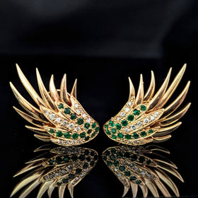 The Ridgeland - Vintage Diamond Emerald 14k Yellow Gold Angel Wing Large Earrings