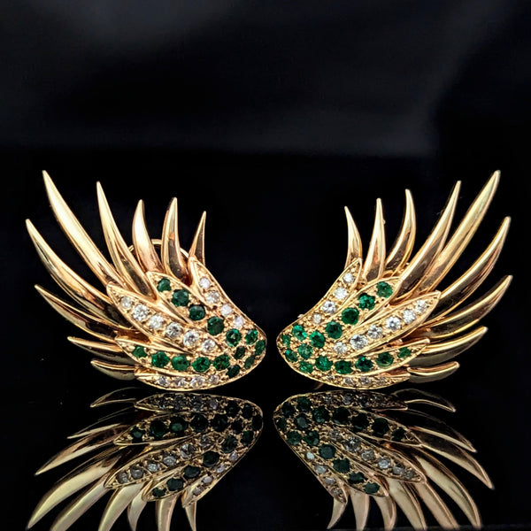 The Ridgeland - Vintage Diamond Emerald 14k Yellow Gold Angel Wing Large Earrings