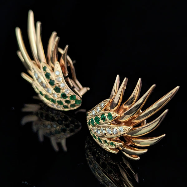 The Ridgeland - Vintage Diamond Emerald 14k Yellow Gold Angel Wing Large Earrings