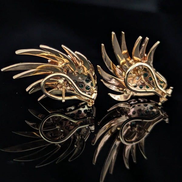 The Ridgeland - Vintage Diamond Emerald 14k Yellow Gold Angel Wing Large Earrings
