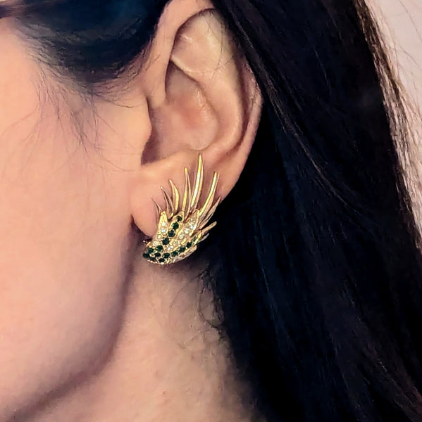 The Ridgeland - Vintage Diamond Emerald 14k Yellow Gold Angel Wing Large Earrings