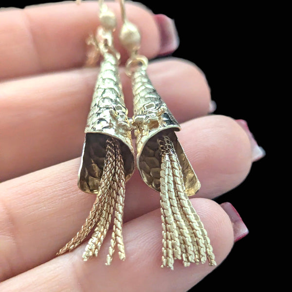 The Hudson - Vintage Articulated 14k Yellow Gold Tassel Earrings Floral