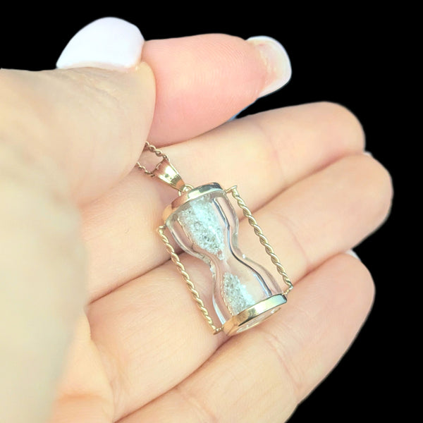 Vintage Articulated Hourglass Diamond Chips as Sand 14k Gold Necklace Pendant