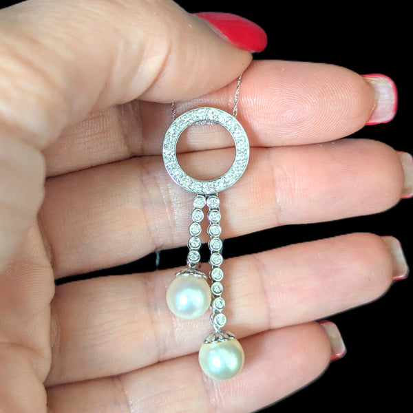 Vintage Articulated Pearls Diamonds 18k White Gold Slide Pendant Estate Jewelry 