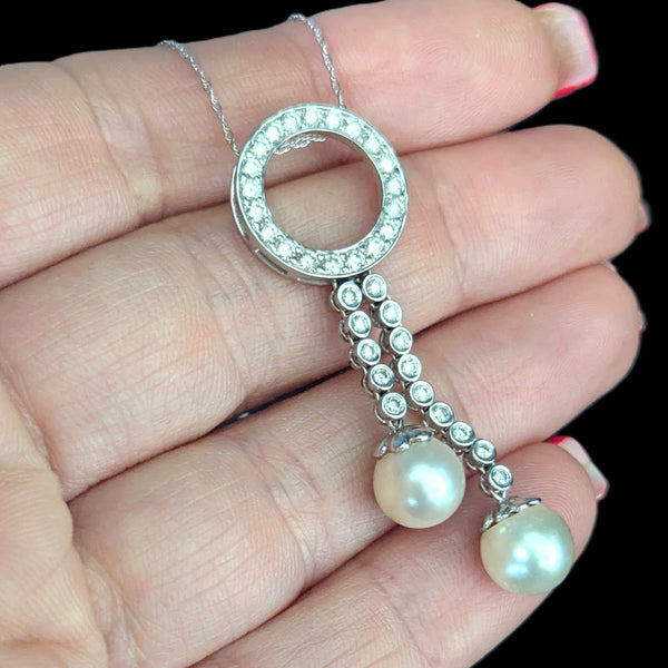Vintage Articulated Pearls Diamonds 18k White Gold Slide Pendant Estate Jewelry 