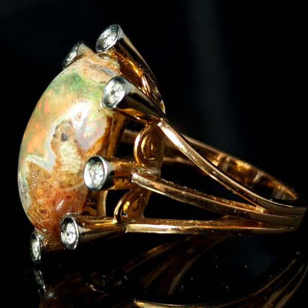 Vintage Boulder Opal Diamonds 18k Yellow Gold Cocktail Ring Estate Statement