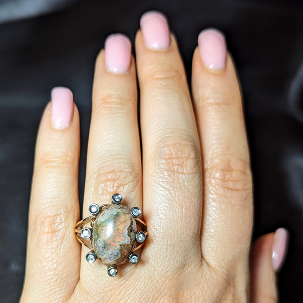 Vintage Boulder Opal Diamonds 18k Yellow Gold Cocktail Ring Estate Statement