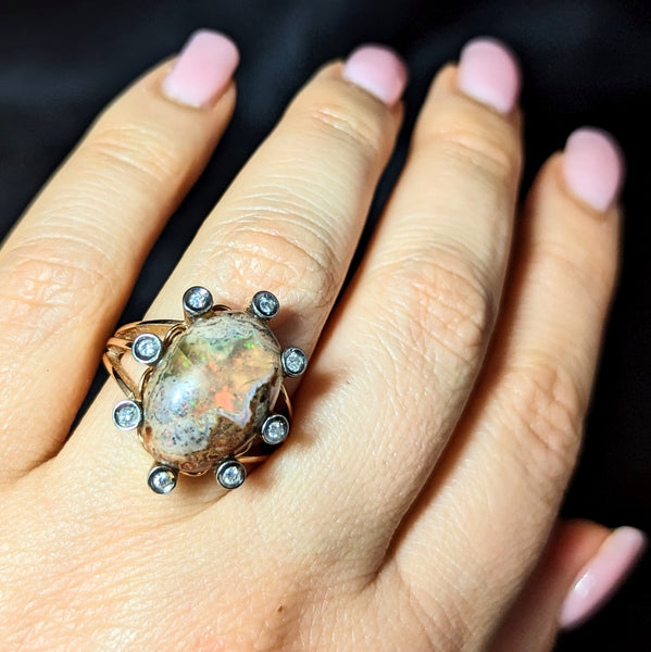 Vintage Boulder Opal Diamonds 18k Yellow Gold Cocktail Ring Estate Statement