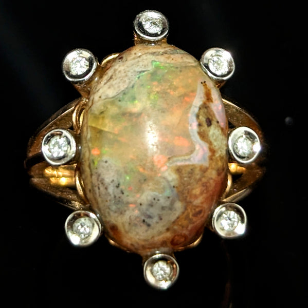 Vintage Boulder Opal Diamonds 18k Yellow Gold Cocktail Ring Estate Statement