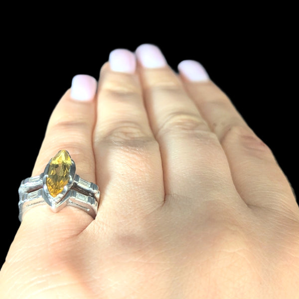 Vintage Bridal Set Golden Beryl Diamonds 14k Gold Engagement Ring Wedding Band