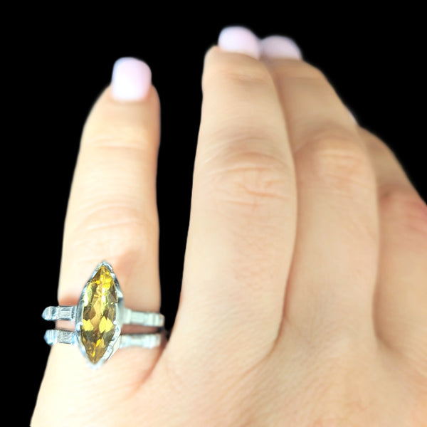 Vintage Bridal Set Golden Beryl Diamonds 14k Gold Engagement Ring Wedding Band