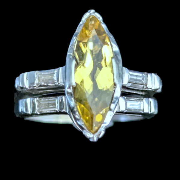 Vintage Bridal Set Golden Beryl Diamonds 14k Gold Engagement Ring Wedding Band