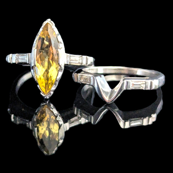 Vintage Bridal Set Golden Beryl Diamonds 14k Gold Engagement Ring Wedding Band