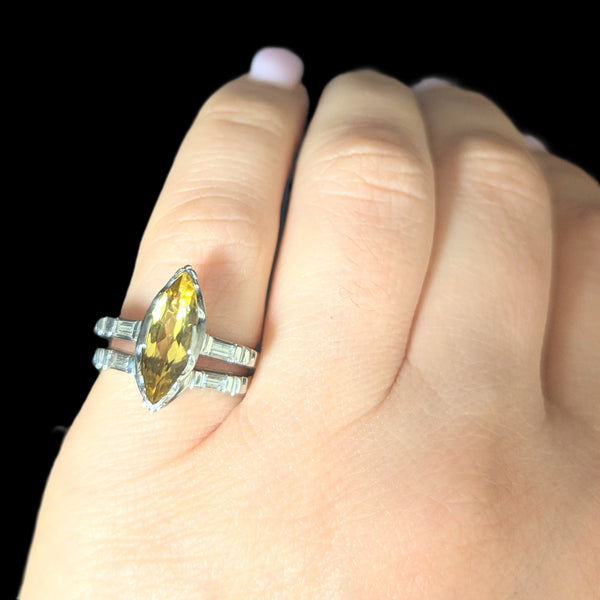 Vintage Bridal Set Golden Beryl Diamonds 14k Gold Engagement Ring Wedding Band