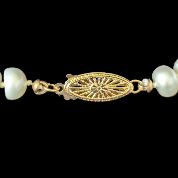 Vintage Button Pearls 14k Yellow Gold Filigree Clasp Necklace Estate Jewelry 16 inches long