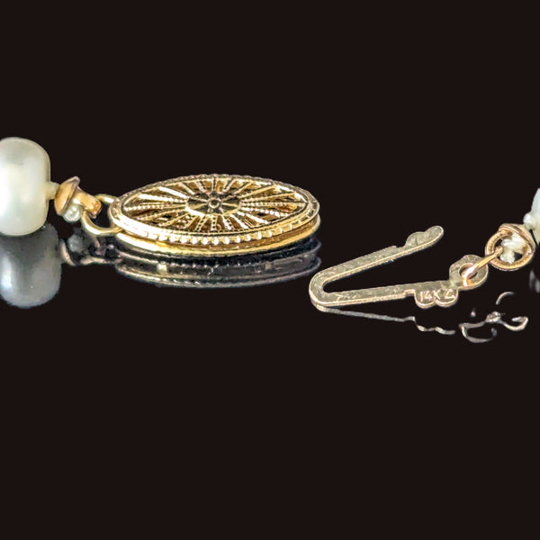 Vintage Button Pearls 14k Yellow Gold Filigree Clasp Necklace Estate Jewelry 16 inches long