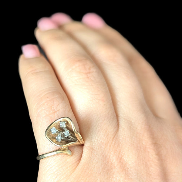 Vintage Calla Lily Diamonds Yellow Gold Ring Statement Retro Mid Century Estate