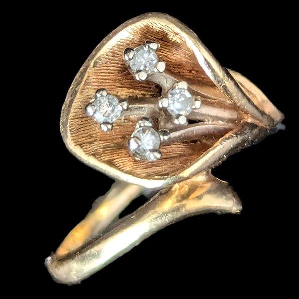 Vintage Calla Lily Diamonds Yellow Gold Ring Statement Retro Mid Century Estate
