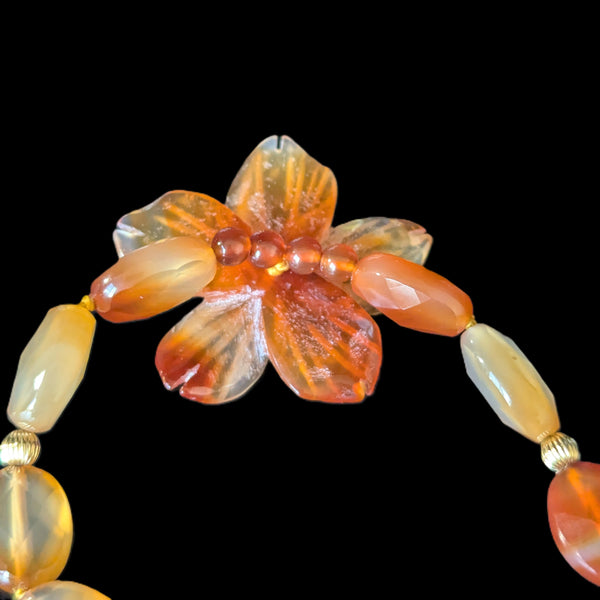 Vintage 14k Yellow Gold Large Flower Carnelian Carving Bracelet Retro Estate 