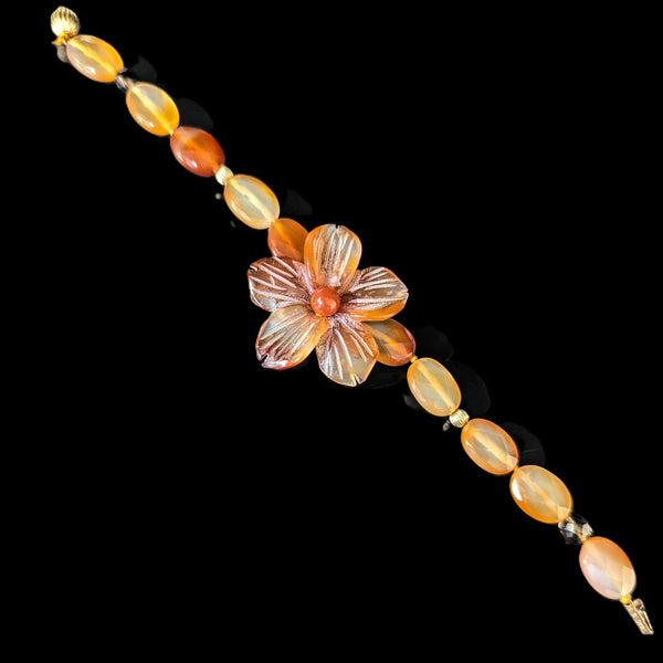 Vintage 14k Yellow Gold Large Flower Carnelian Carving Bracelet Retro Estate 
