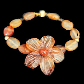 Vintage 14k Yellow Gold Large Flower Carnelian Carving Bracelet Retro Estate 